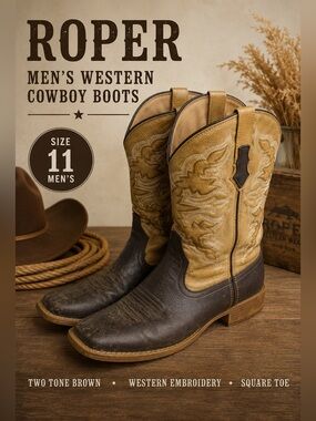 Roper Men’s Size 11 Western Cowboy Boots Brown Tan Embroidered Square Toe